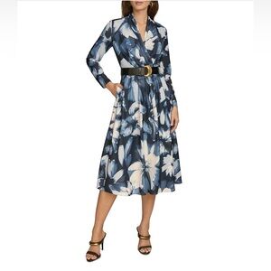 Donna Karan Belted Long Sleeve Midi Satin Dress